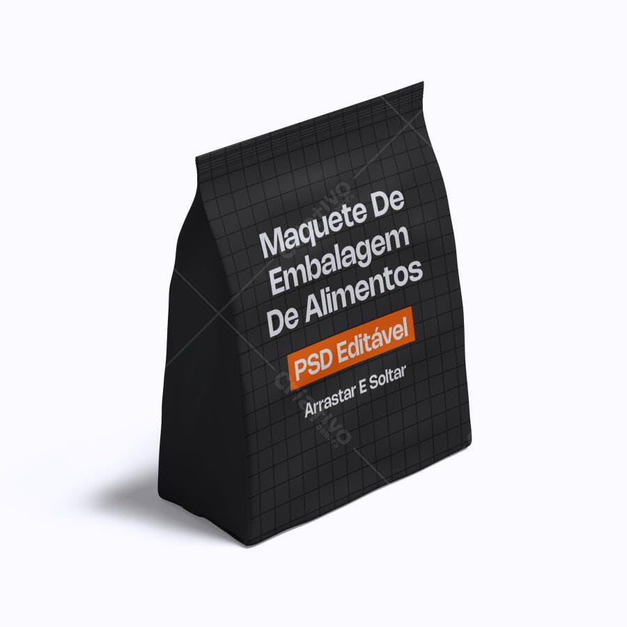Mockup Embalagem de Alimentos Saco Preto 3/4 Fundo Branco Editável