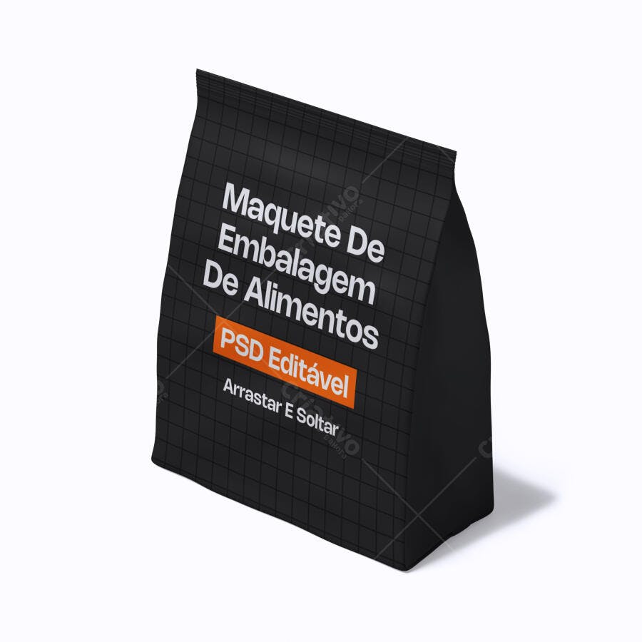 Mockup Embalagem de Alimentos Saco Preto 3/4 Fundo Branco Editável