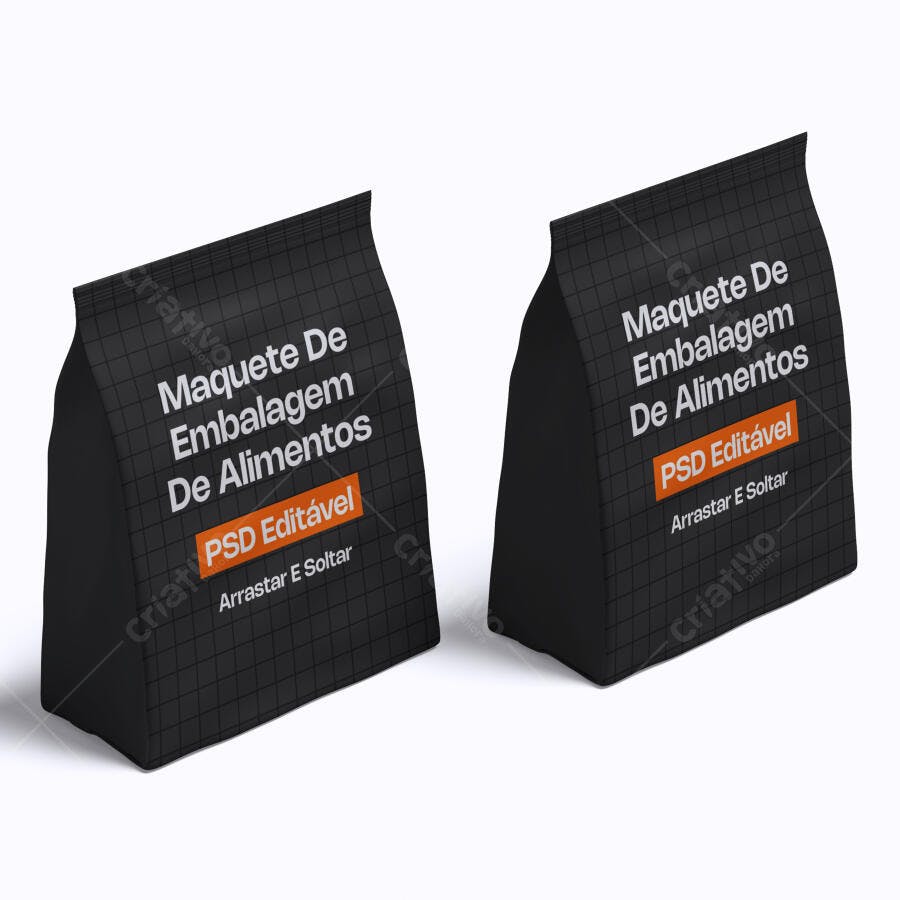 Mockup Embalagem de Alimentos Saco Preto Fundo Branco Editável