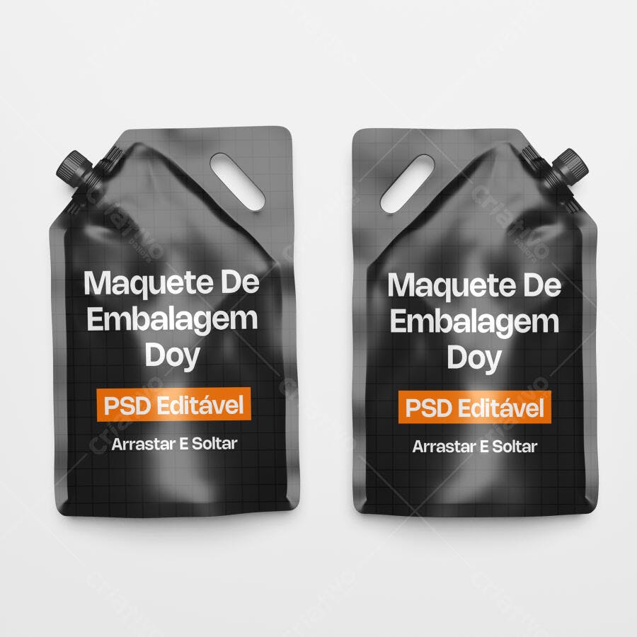 Mockup Embalagem Doy Pack Plástico Fundo Branco Editável