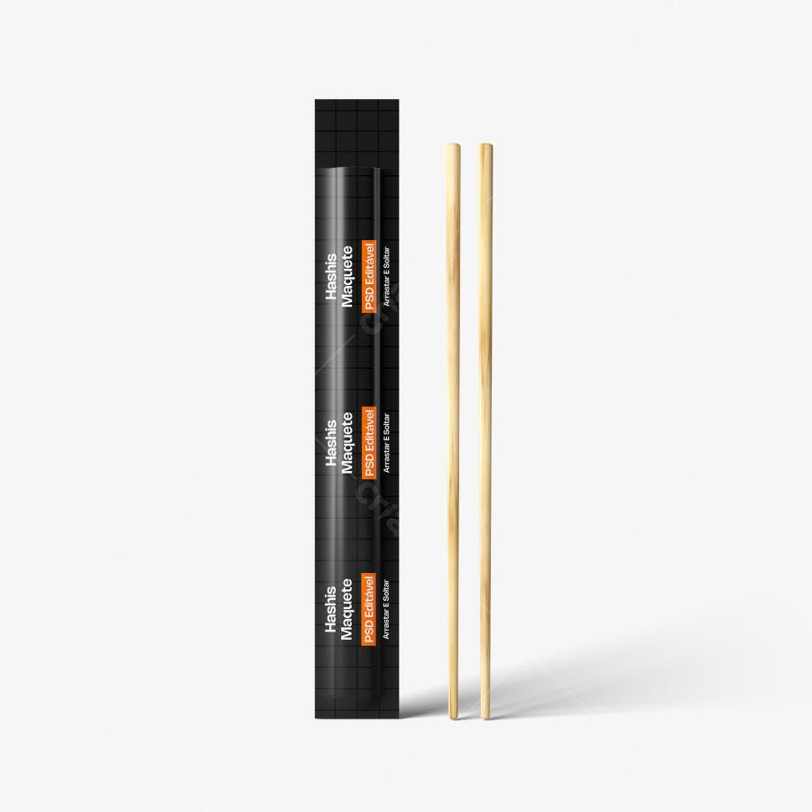 Mockup Embalagem Hashi Palitos Madeira Fundo Branco Editável