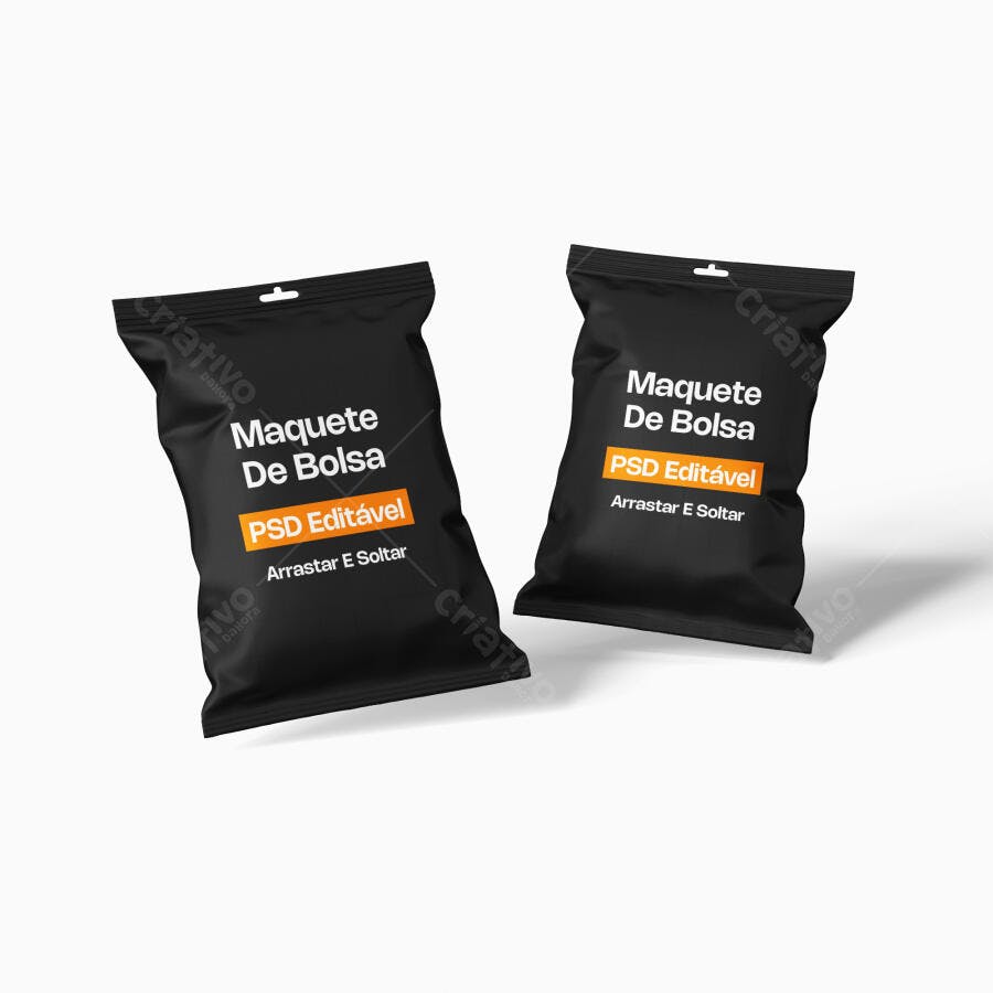 Mockup Embalagem Plástica Preta Dupla Fundo Branco Editável