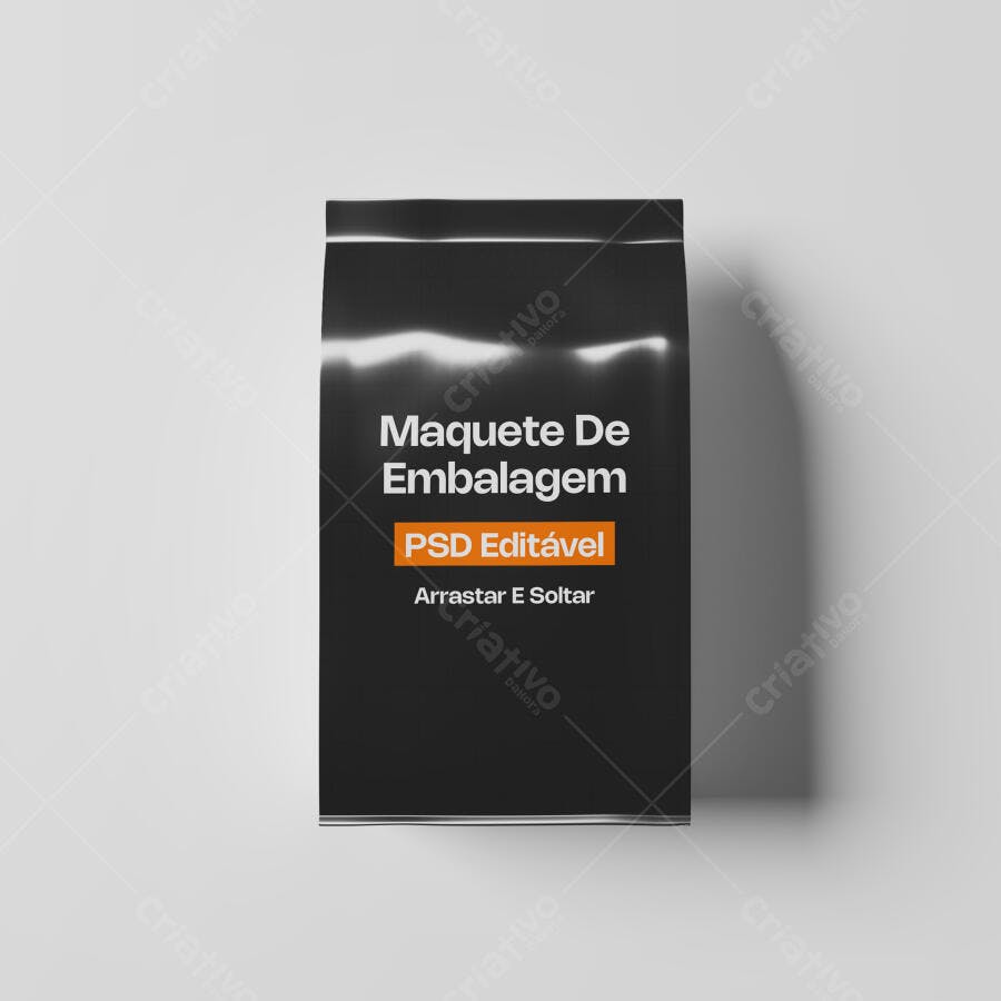Mockup Embalagem Plástica Preta Frontal Fundo Branco Editável
