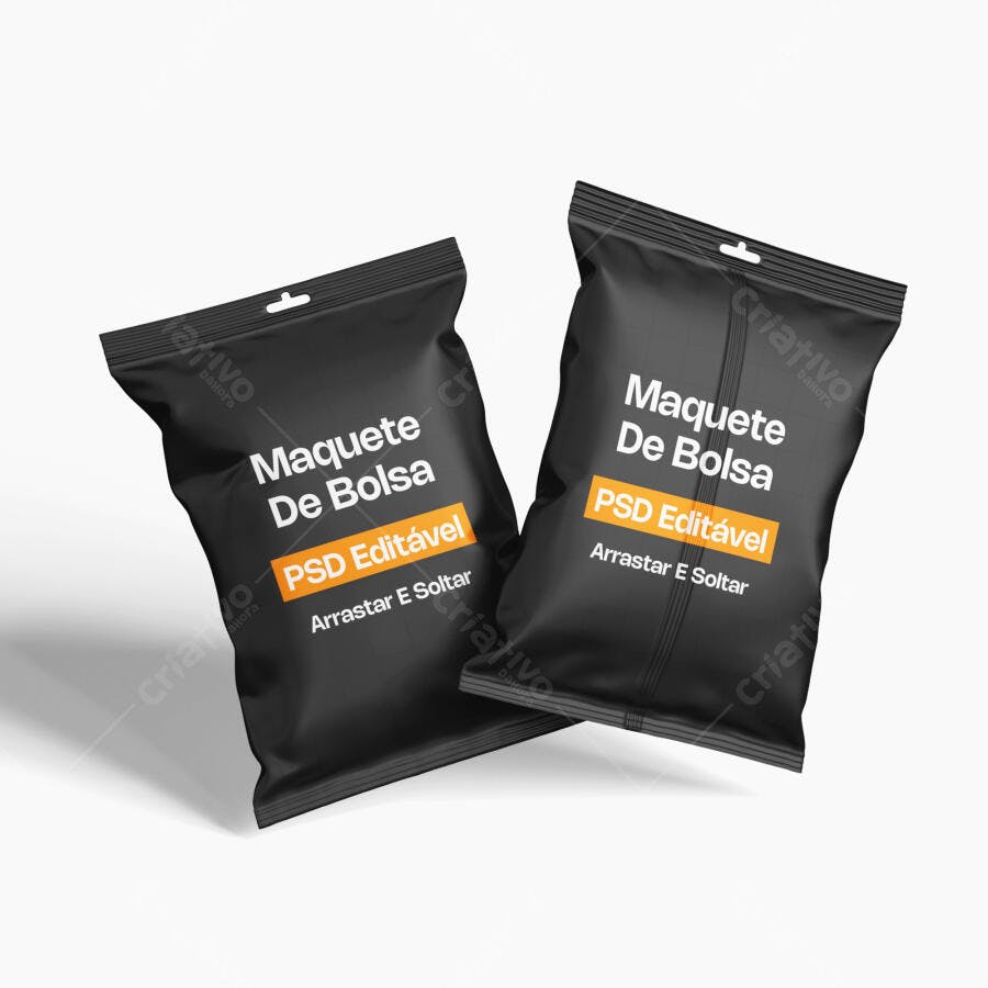 Mockup Embalagem Plástica Sachê Preto Flutuante Editável