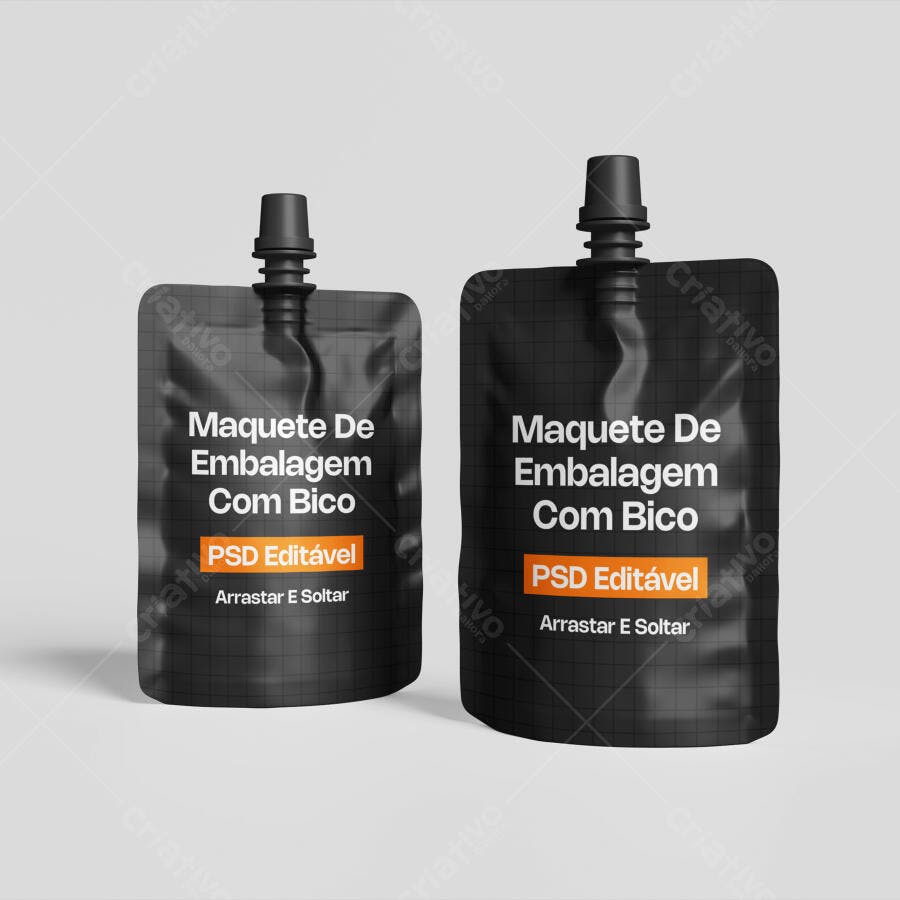 Mockup Embalagem Pouch Bico Frontal Fundo Cinza Editável