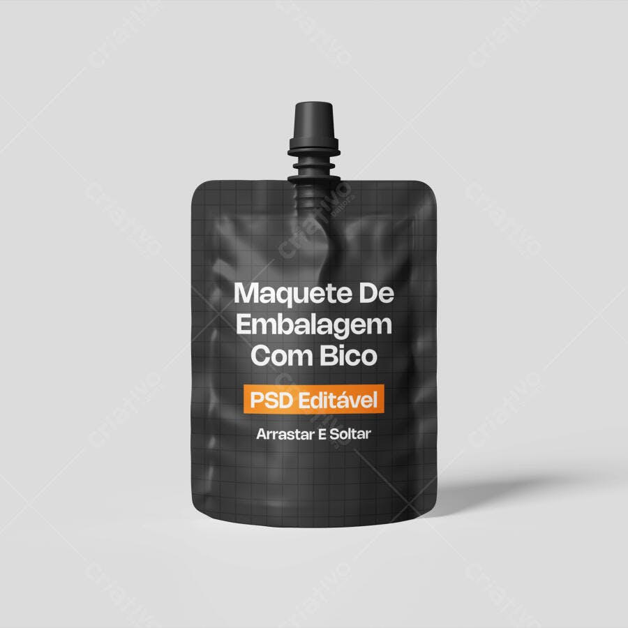 Mockup Embalagem Pouch Bico Frontal Fundo Cinza Editável