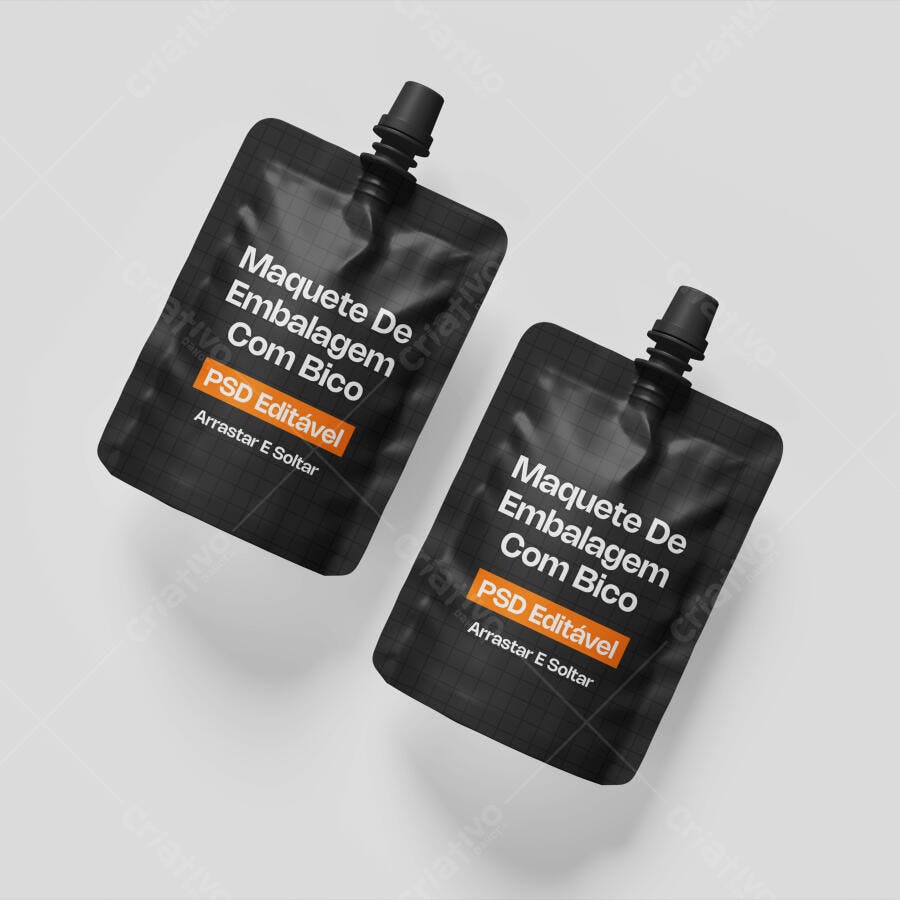 Mockup Embalagem Pouch com Bico Plástico Fundo Branco Editável