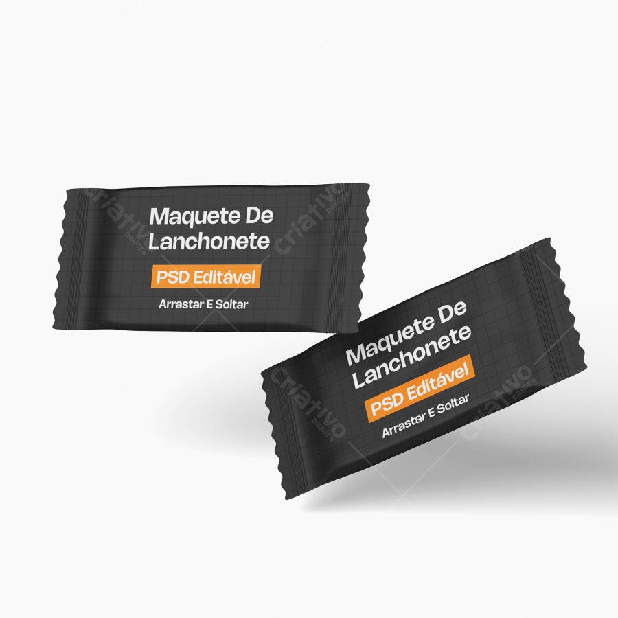 Mockup Embalagem Sachê Horizontal Fundo Branco Editável