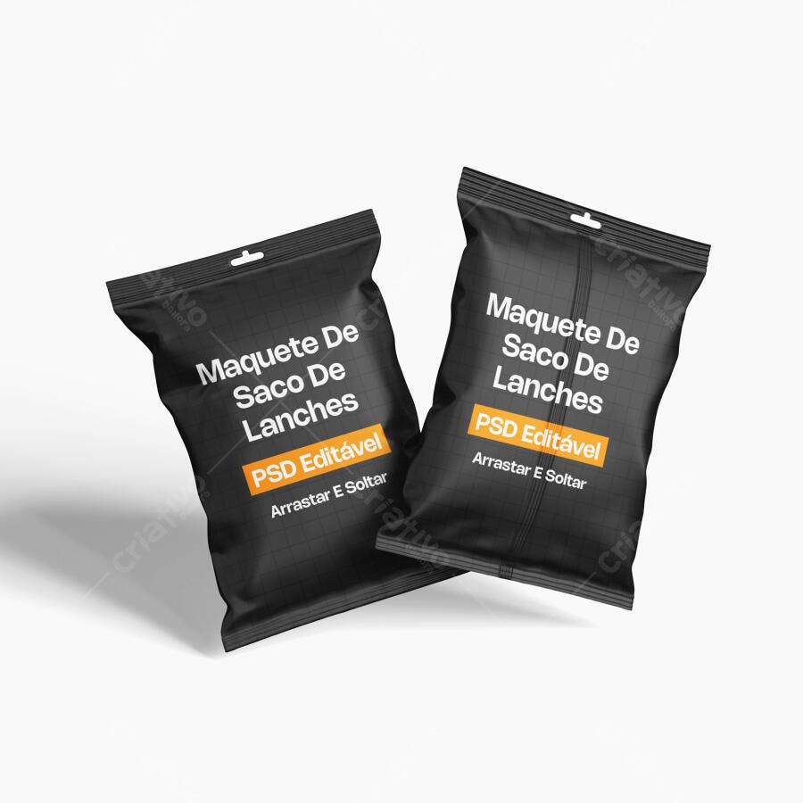 Mockup Embalagem Saco Lanches Plástico Preto Flutuante Editável