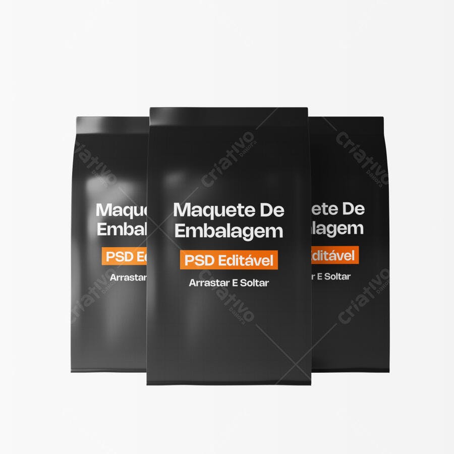 Mockup Embalagem Saco Stand Up Pouch Preto Frontal Editável