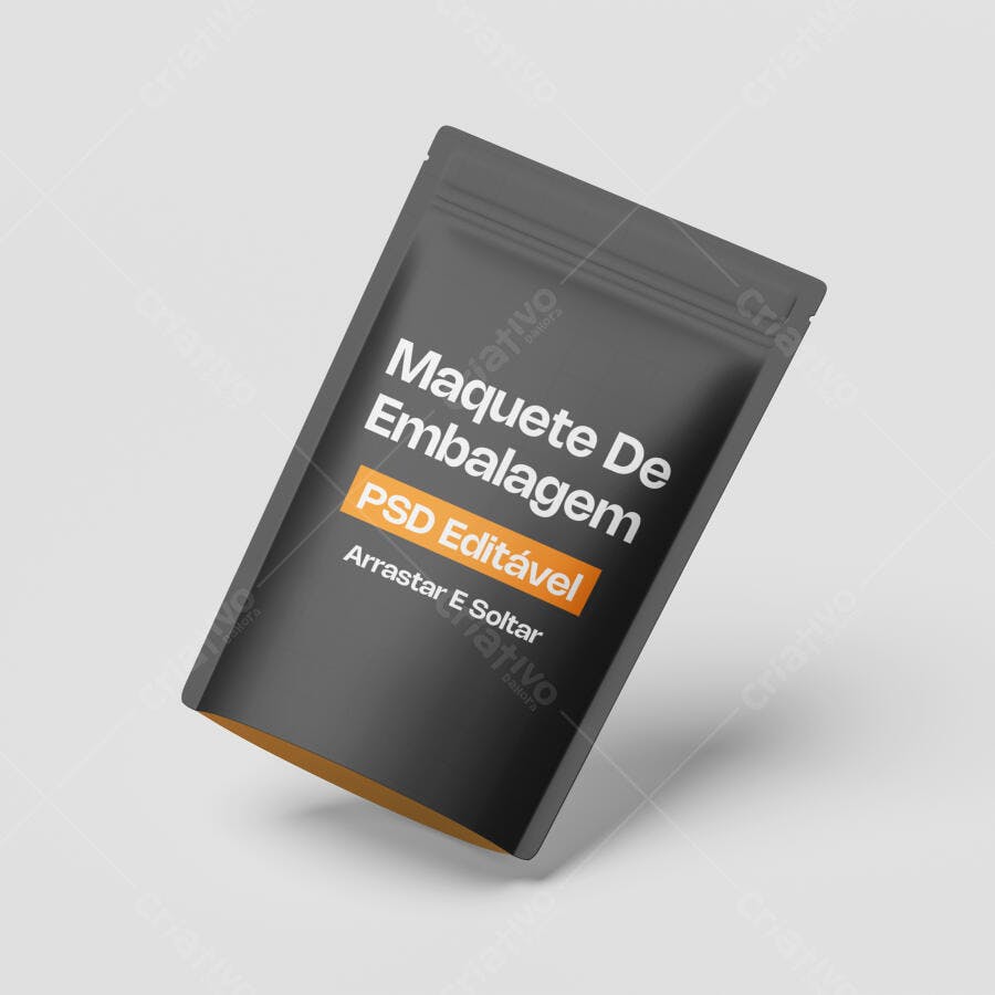 Mockup Embalagem Stand Up Pouch Flutuante Fundo Cinza Editável