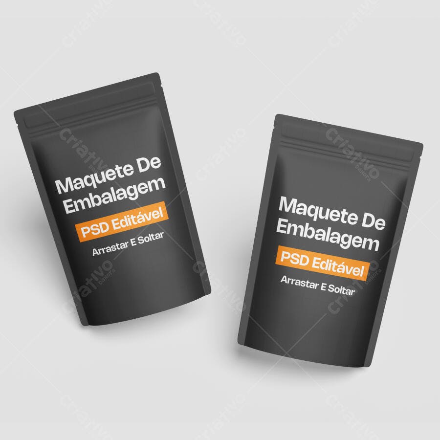 Mockup Embalagem Stand Up Pouch Preta 3/4 Editável