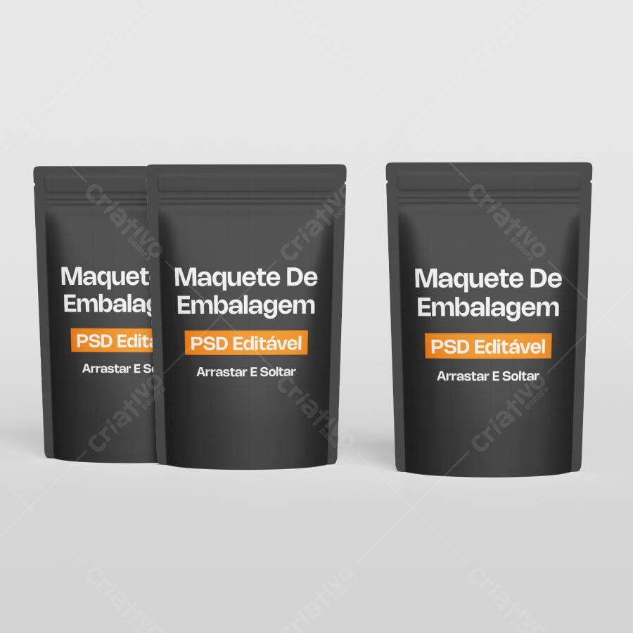 Mockup Embalagem Stand Up Pouch Preta Fundo Branco Editável