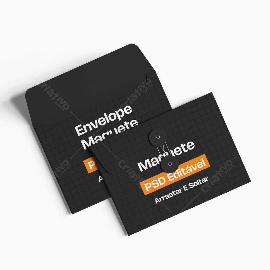 Mockup Envelope Preto com Fecho Cordão Fundo Branco Editável