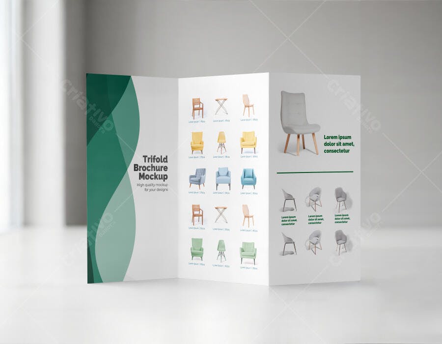 Mockup Folder Trifold Papel Branco Fundo Claro Editável