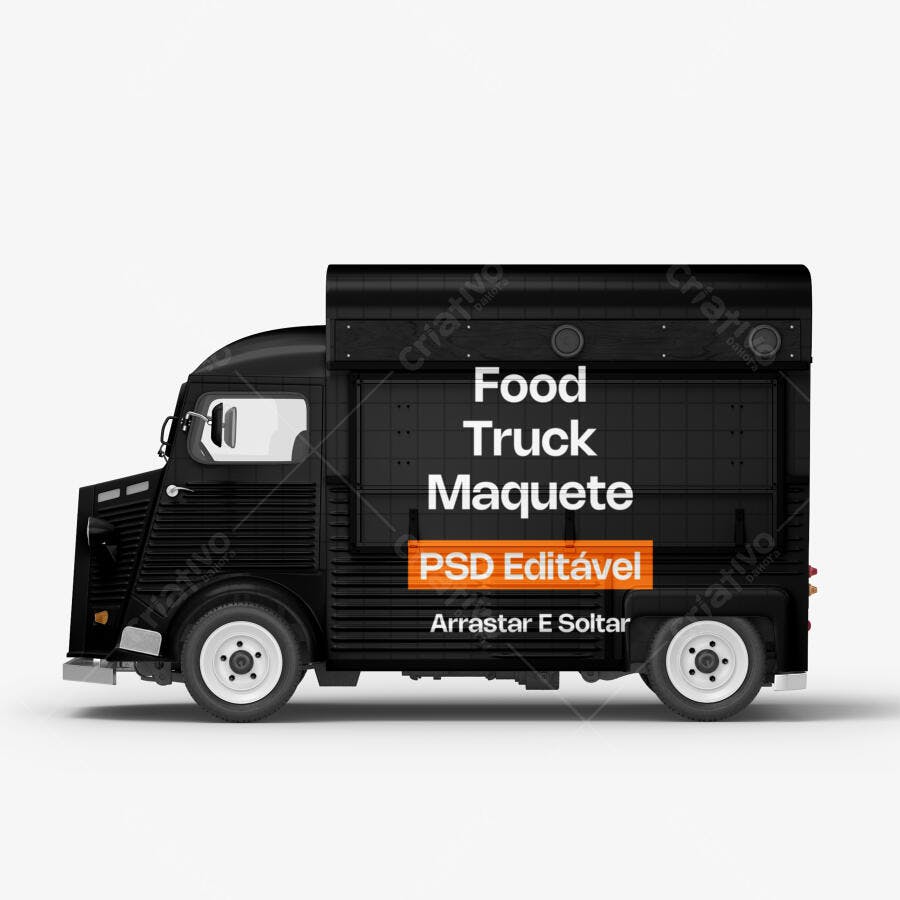 Mockup Food Truck Preto Lateral Fundo Branco Editável