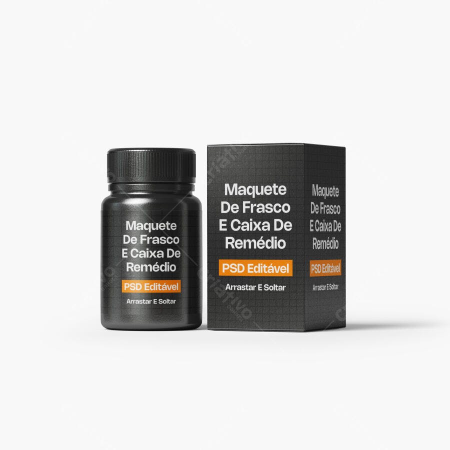 Mockup Frasco e Caixa de Remédio Fundo Branco Editável