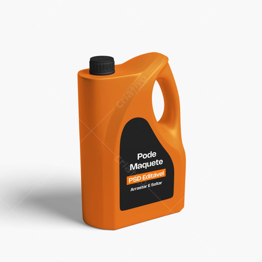 Mockup Frasco Galão Plástico Laranja 3/4 Fundo Branco Editável