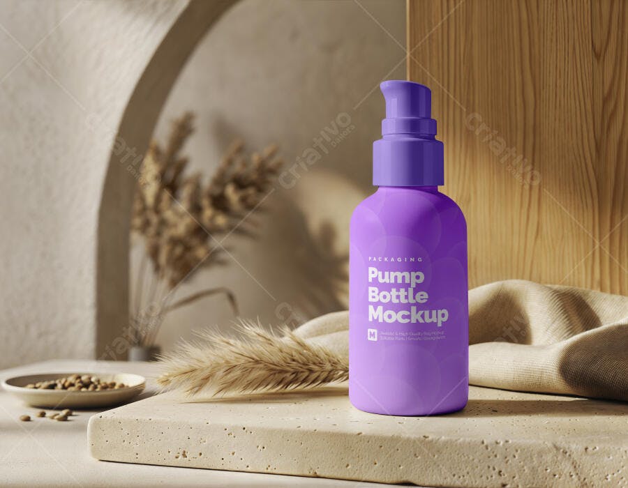 Mockup Frasco Pump Skincare Roxo Cenário Boho Editável