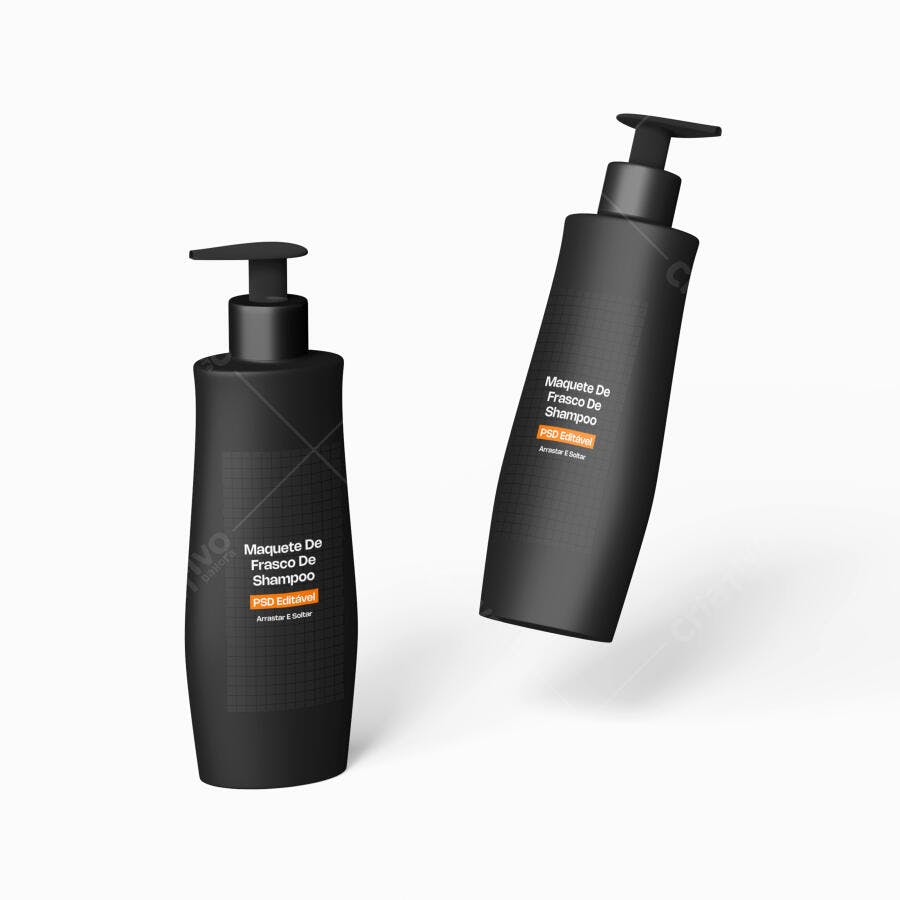 Mockup Frasco Shampoo Cosmético Preto Fundo Branco Editável