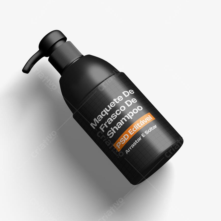 Mockup Frasco Shampoo Plástico Bomba Preto Fundo Branco Editável