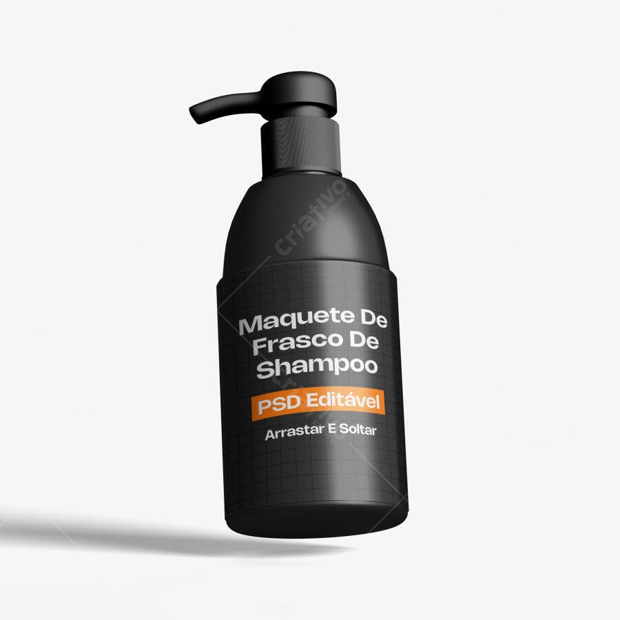 Mockup Frasco Shampoo Preto com Pump Fundo Branco Editável