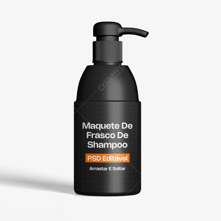 Mockup Frasco Shampoo Preto com Pump Fundo Branco Editável