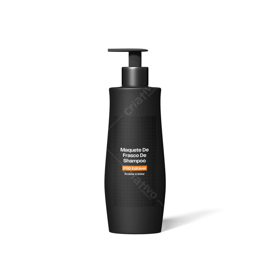 Mockup Frasco Shampoo Preto com Pump Fundo Branco Editável