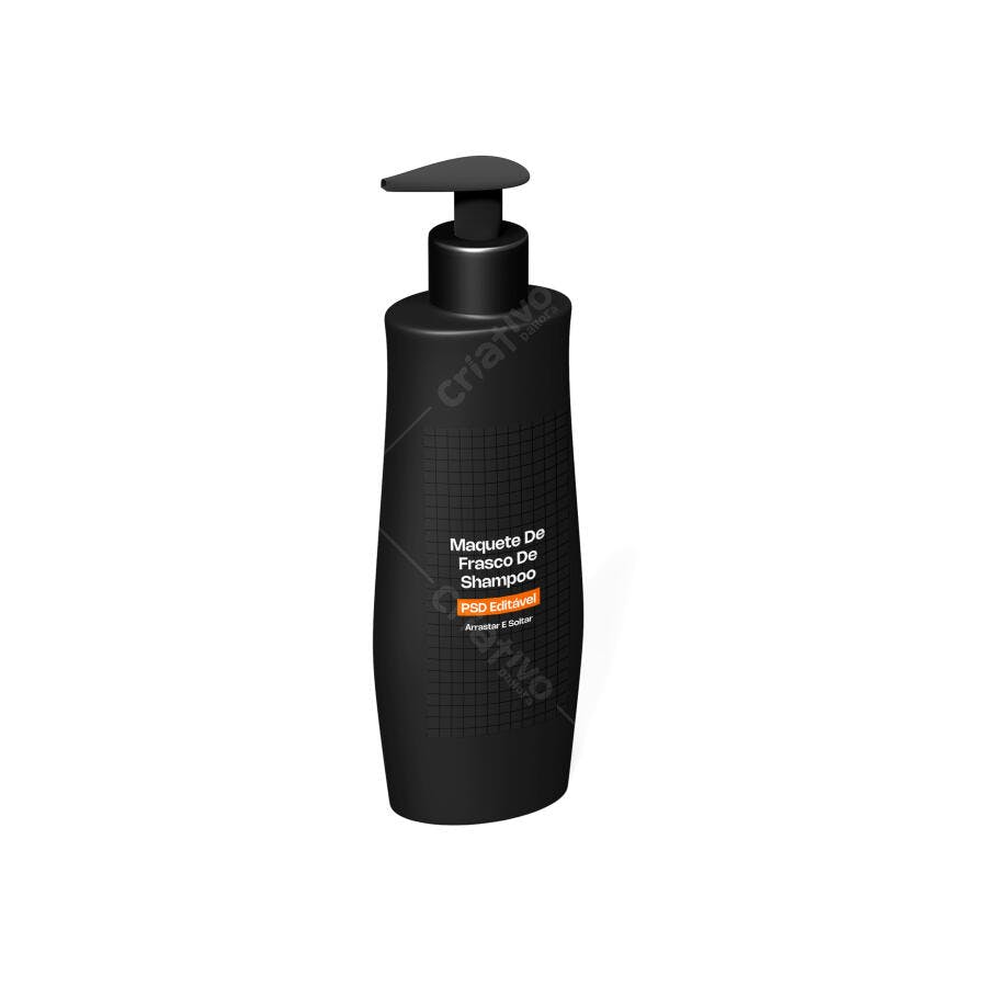 Mockup Frasco Shampoo Preto com Pump Fundo Branco Editável