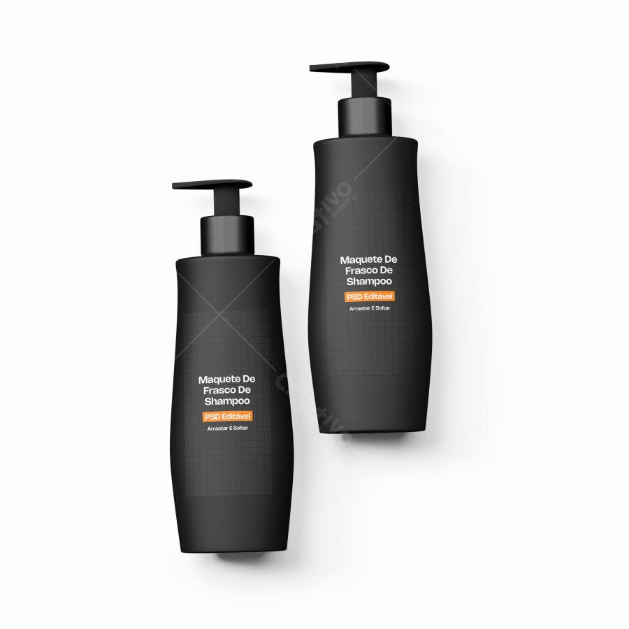 Mockup Frasco Shampoo Preto Vista Superior Fundo Branco Editável