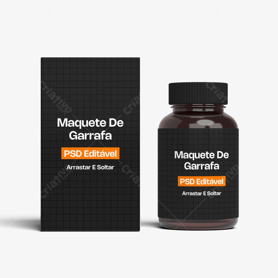 Mockup Garrafa Frasco Suplemento Caixa Fundo Branco Editável