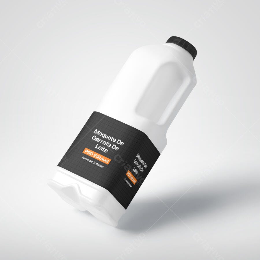 Mockup Garrafa Leite Plástico Branca 3/4 Editável