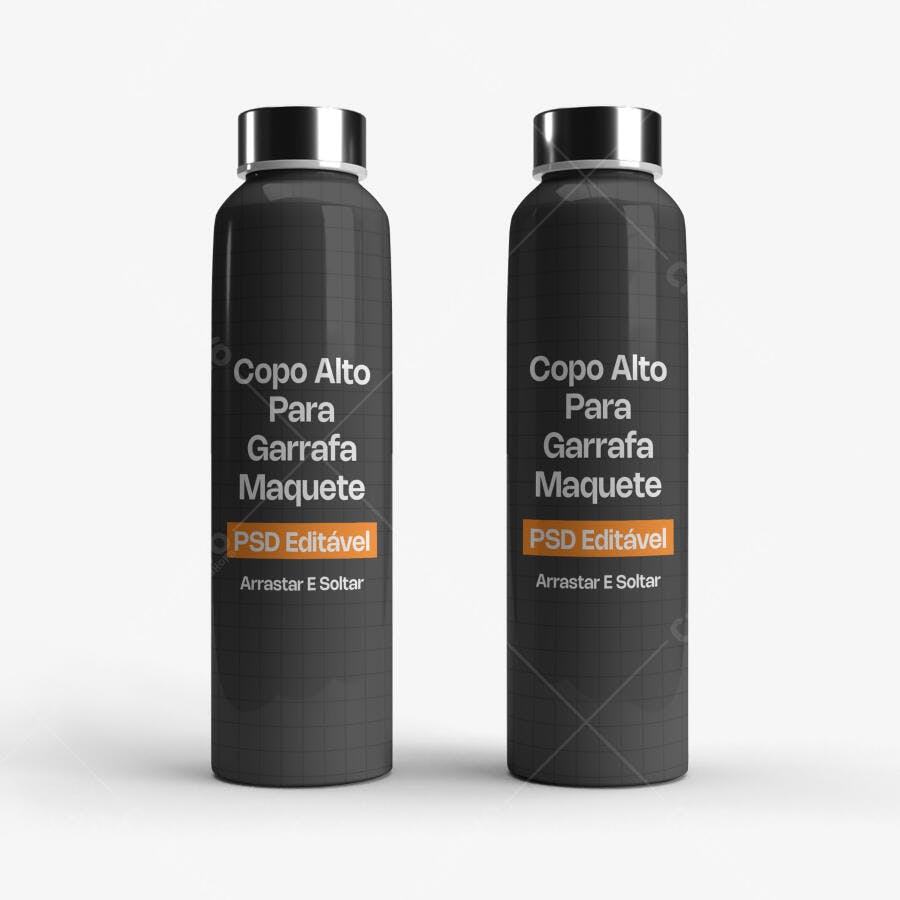 Mockup Garrafa Longa Preta com Tampa Metálica Fundo Branco Editável