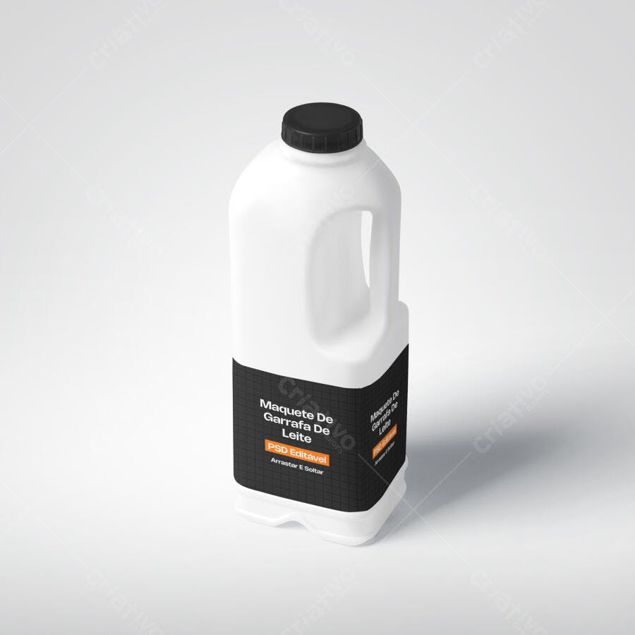 Mockup Garrafa Plástica Leite 3/4 Fundo Branco Editável