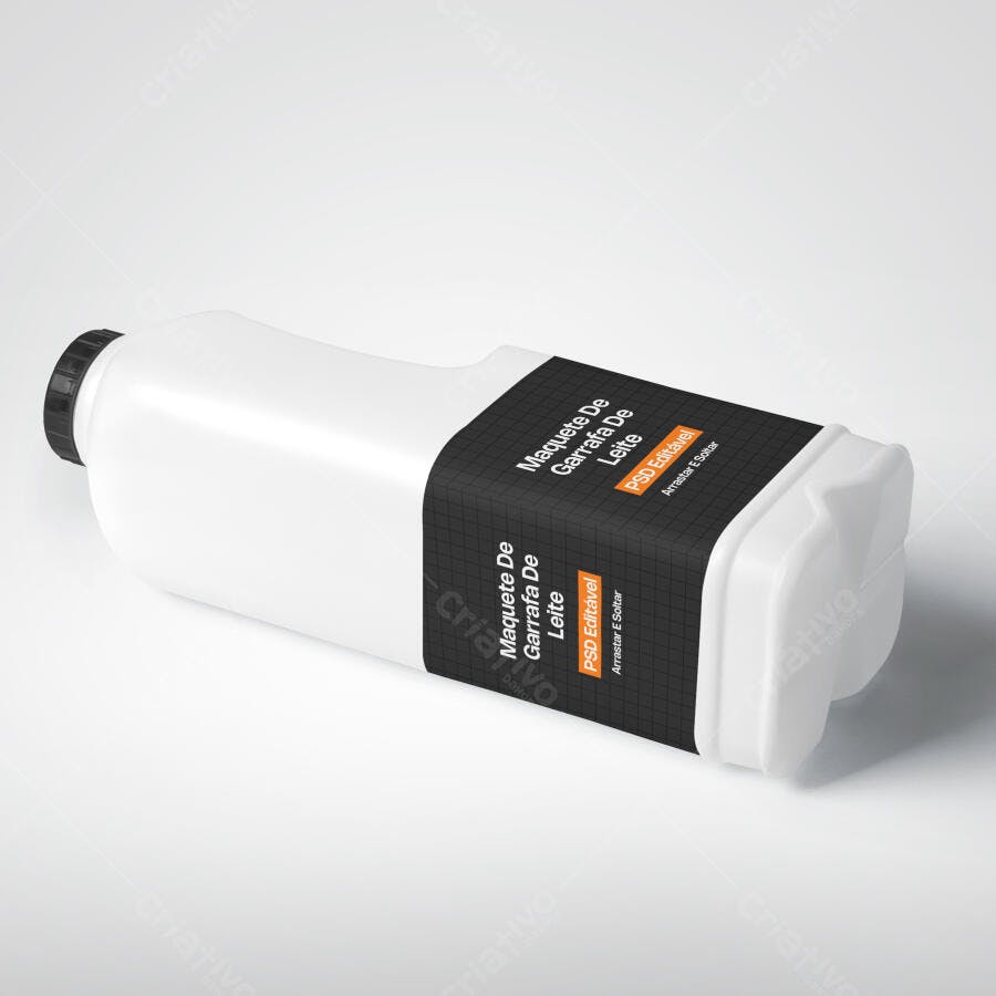 Mockup Garrafa Plástica Leite Deitada Fundo Branco Editável