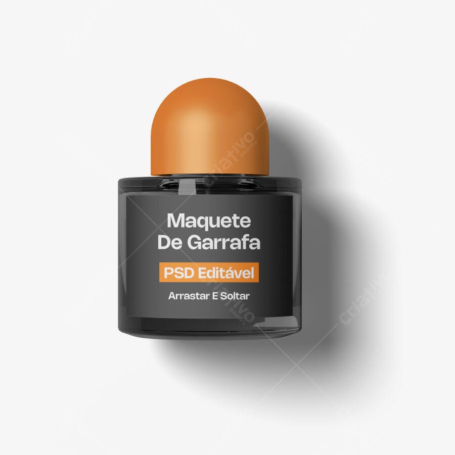 Mockup Garrafa Vidro Quadrada Tampa Laranja Fundo Branco Editável