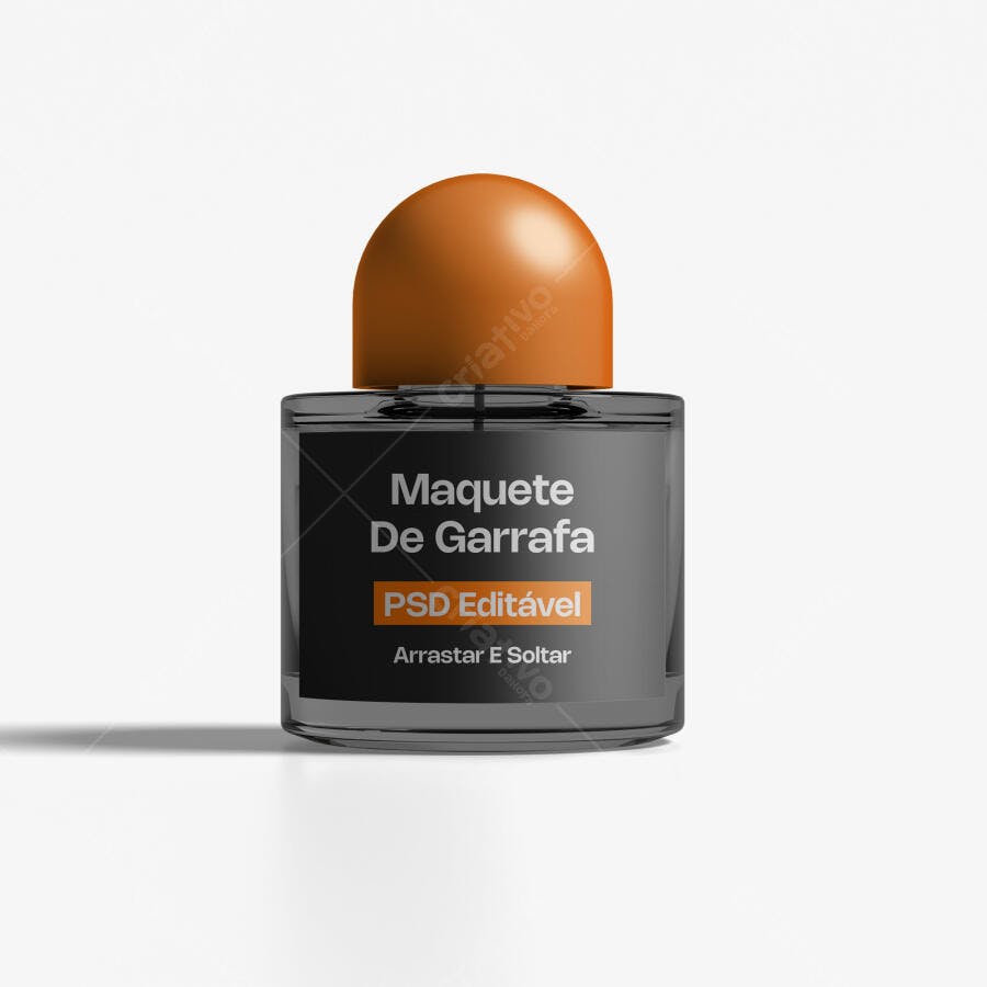 Mockup Garrafa Vidro Transparente Tampa Laranja Editável