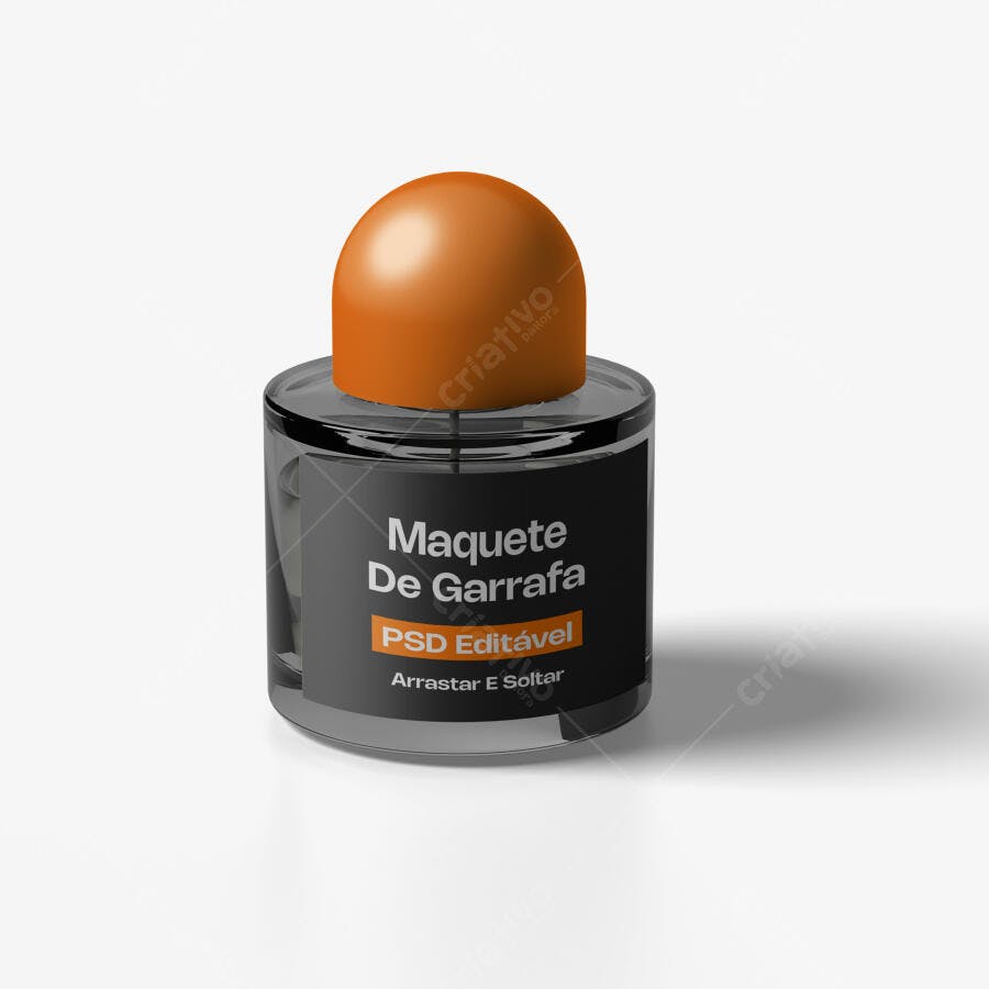 Mockup Garrafa Vidro Transparente Tampa Laranja Fundo Branco Editável