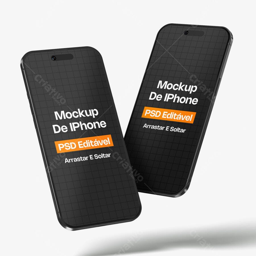 Mockup iPhone Flutuante 3/4 Fundo Branco Editável