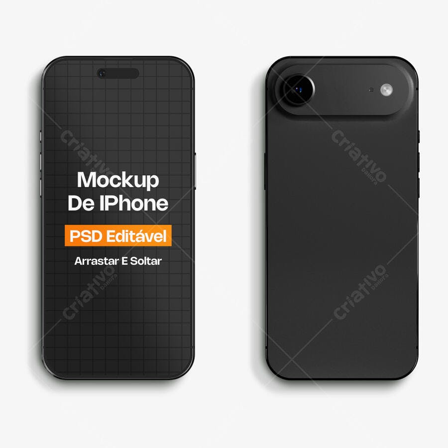Mockup iPhone Preto Frente e Verso Fundo Branco Editável