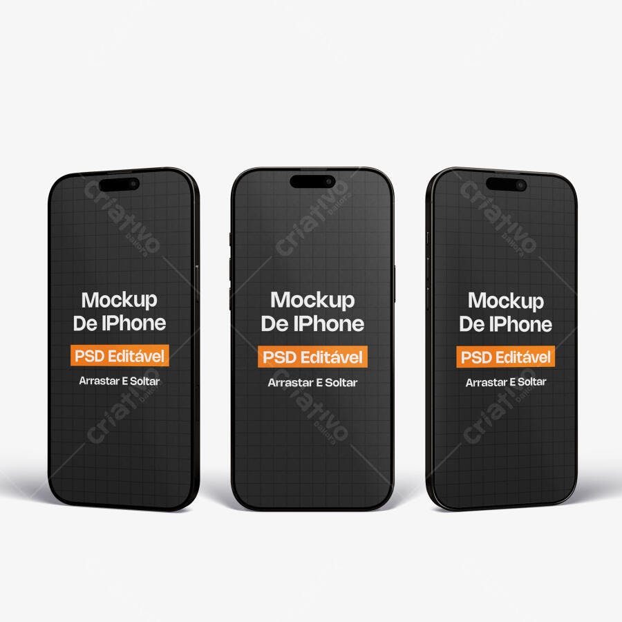 Mockup iPhone Preto Três Ângulos Fundo Branco Editável