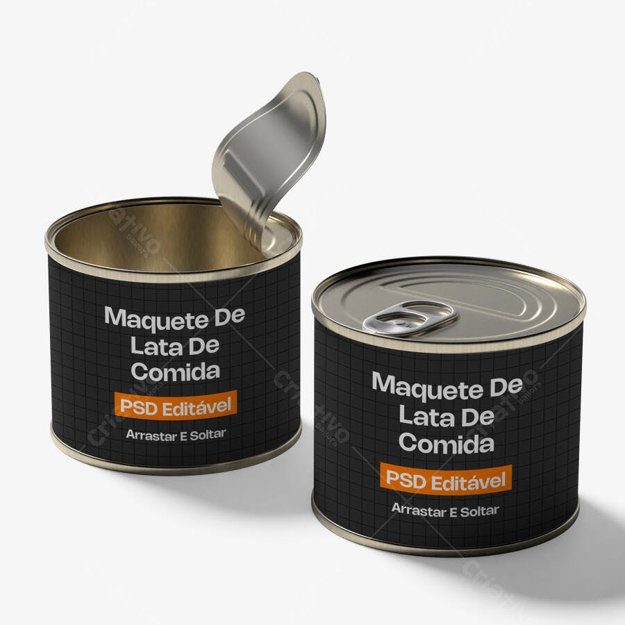 Mockup Lata de Comida Metal Aberta e Fechada Fundo Branco Editável