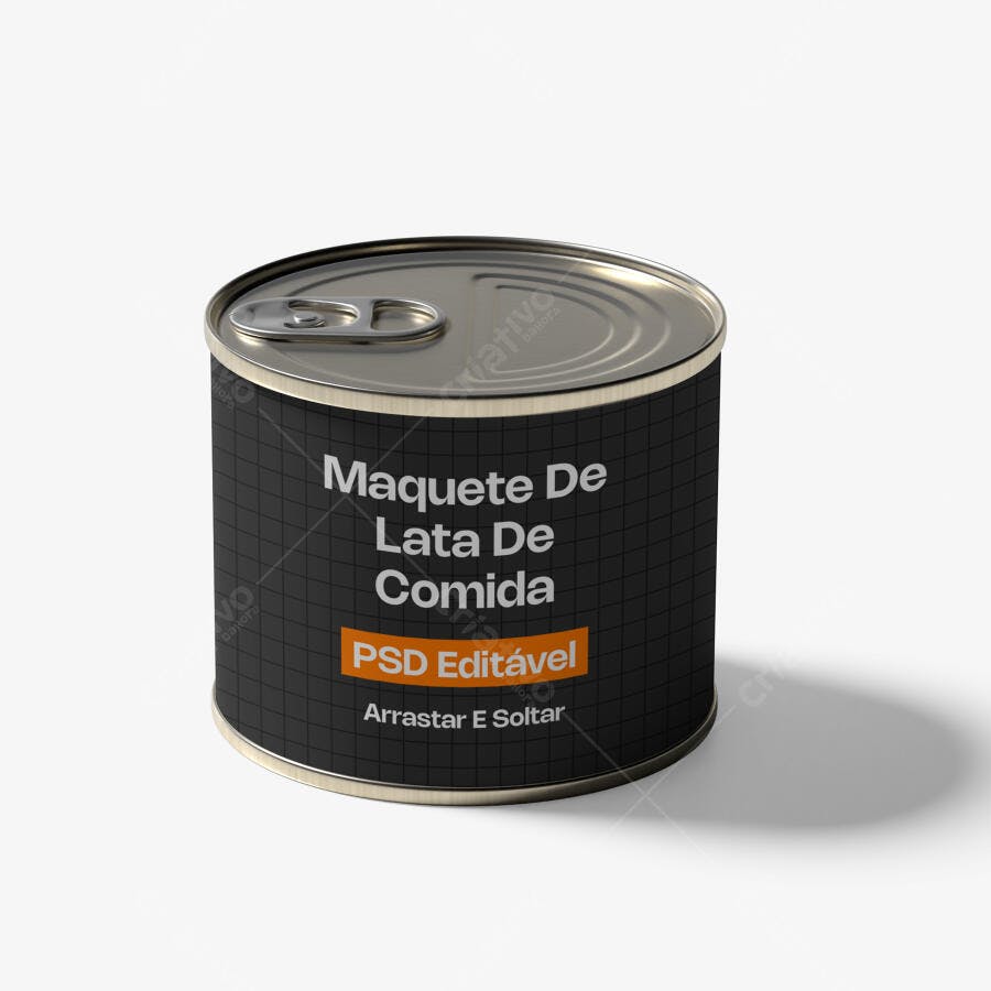 Mockup Lata de Comida Metal Frontal Fundo Branco Editável