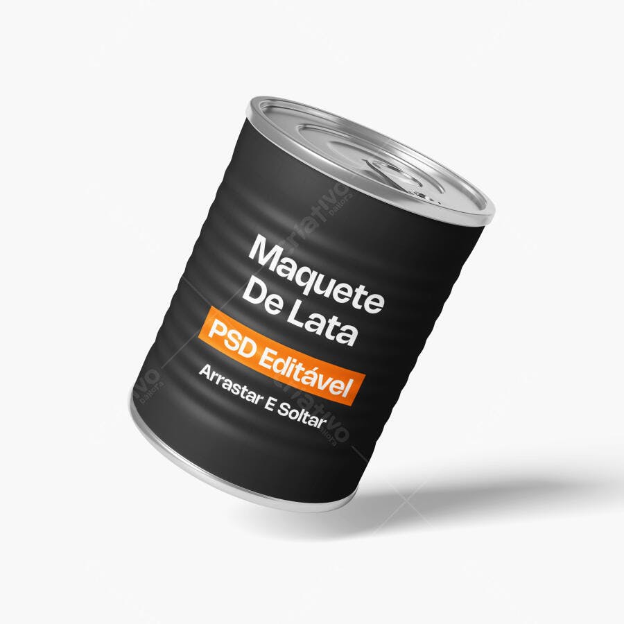 Mockup Lata de Metal Flutuando Fundo Branco Editável