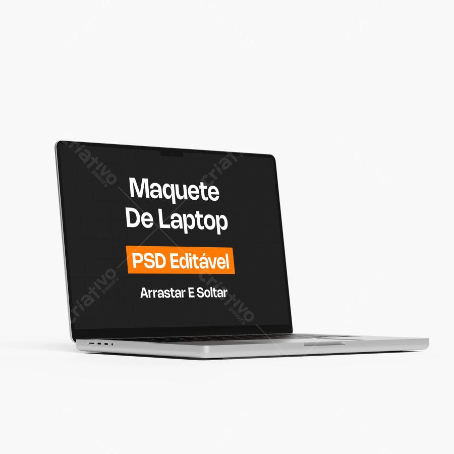 Mockup Notebook Prata 3/4 Fundo Branco Editável