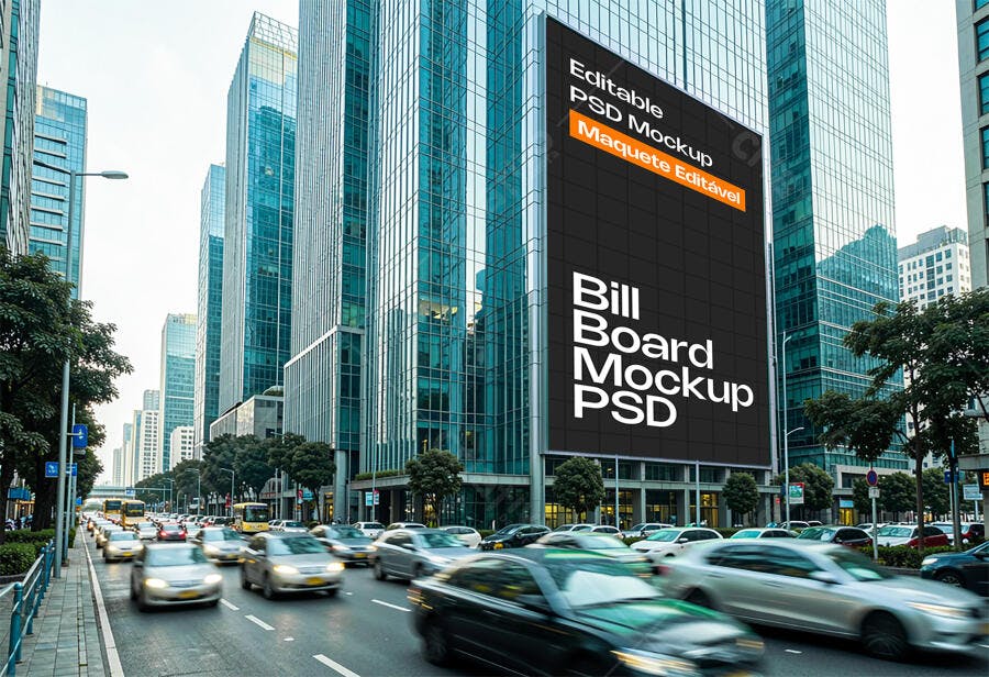 Mockup Outdoor Billboard Prédio Urbano Trânsito Editável