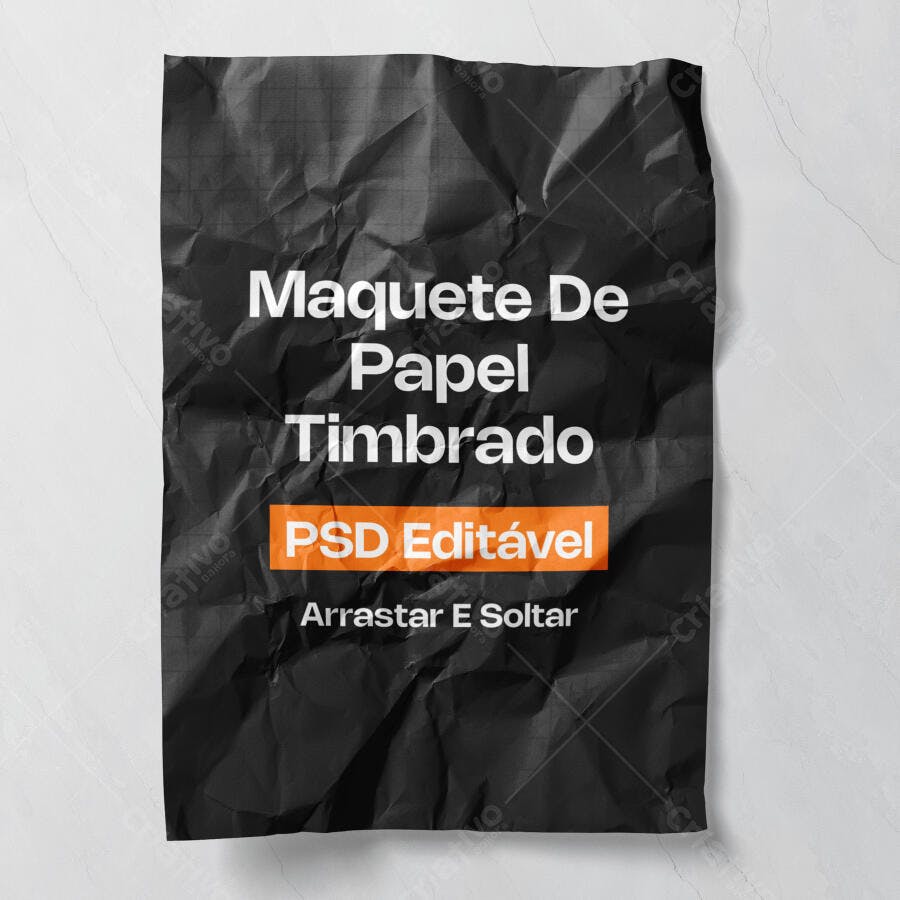 Mockup Papel Amassado Timbrado Preto Fundo Branco Editável