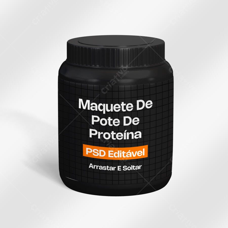 Mockup Pote de Suplemento Proteína Plástico Preto Frontal Editável
