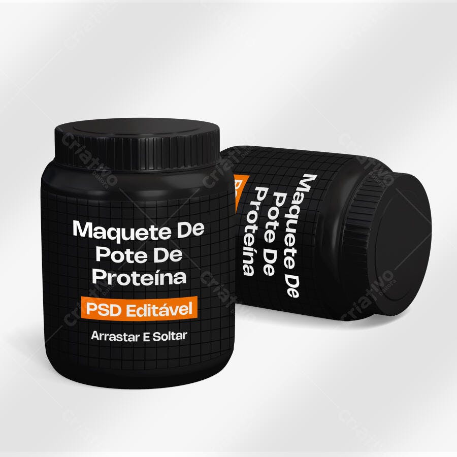 Mockup Pote Suplemento Proteína Plástico Preto Editável