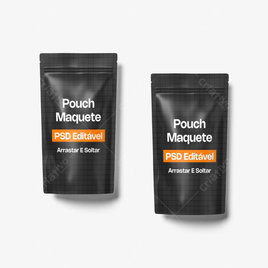 Mockup Pouch Embalagem Plástica Preta Frontal Editável